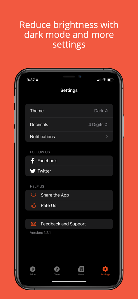 Dollar and Euro in Mexico - Settings screen of the Dollar and Euro in Mexico app displaying dark mode and decimal options