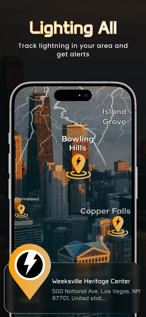 Lightning on Map : LR Tracker - Lightning tracker app displaying real time storm strikes on a city map with location alerts