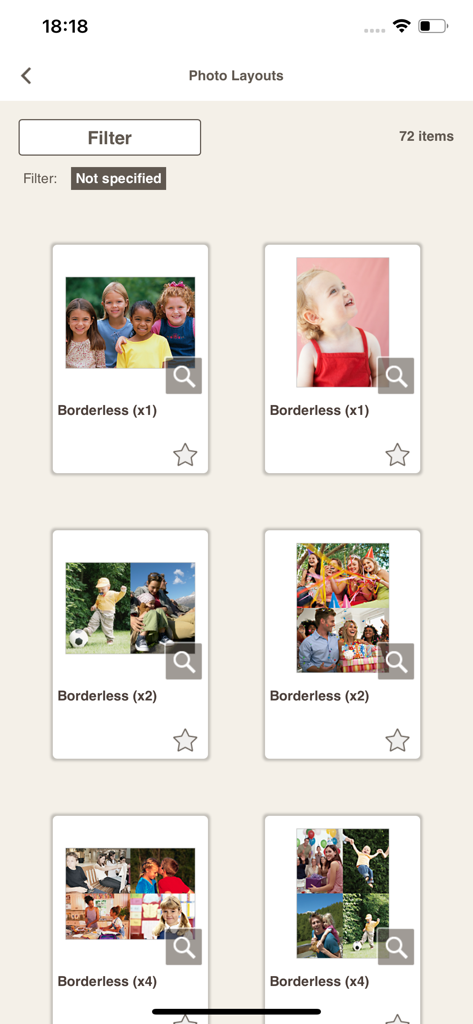 Easy-PhotoPrint Editor - A gallery of borderless photo print layouts and collage templates available in the Canon Easy-PhotoPrint Editor app