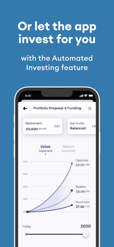 CBD Investr: Stocks Investing - CBD Investr Mobile App-Bildschirm, der die automatisierte Investitionsfunktion mit einer Portfolio-Wachstumsprognose anzeigt