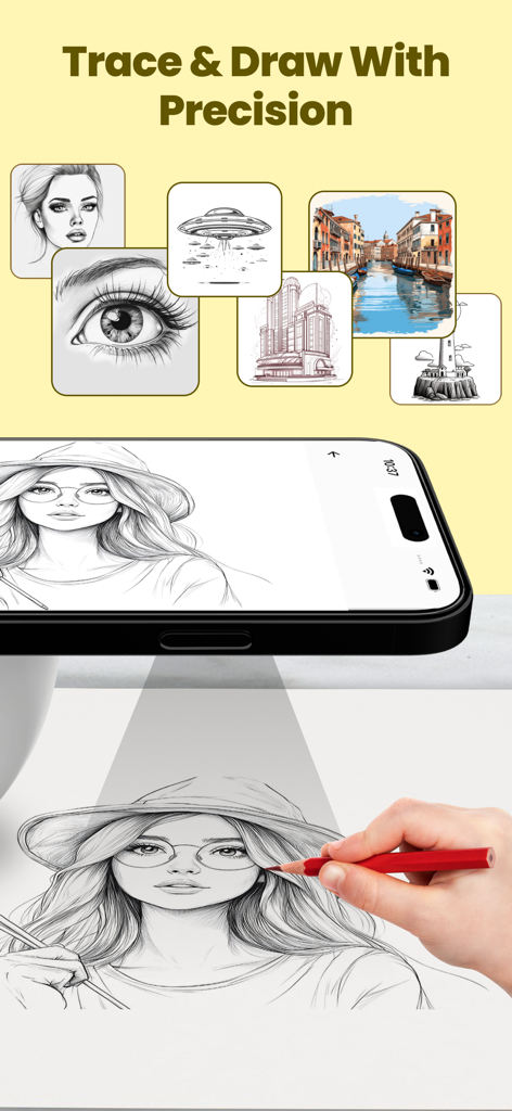 AR Drawing – Sketch & Paint - Smartphone projecting a sketch for a hand to trace on paper using augmented reality.