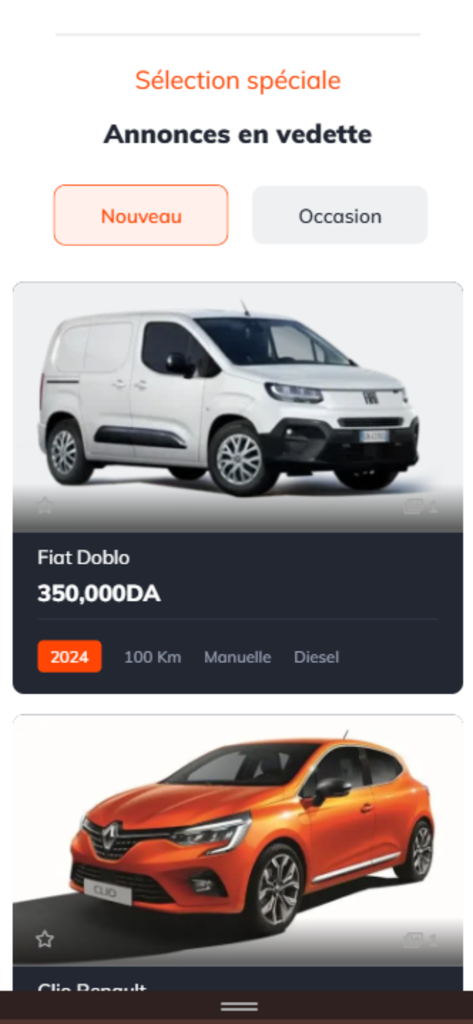 Seyara Zone - Mobile app screen showing featured car advertisements including a Fiat Doblo and Renault Clio on the Seyara Zone marketplace