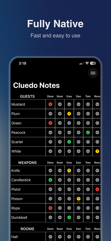 Cluedo Notes - A digital detective notebook interface for the Clue board game showing guests and weapons tracking in dark mode.