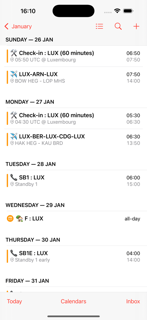Orario di volo e orari di servizio RosterX sincronizzati con il calendario iOS