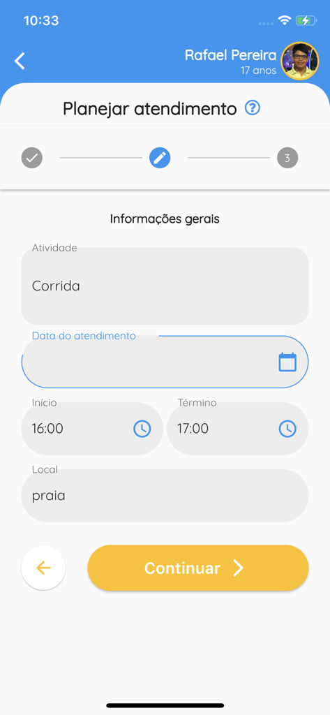 TiTa Therapy - Una schermata di un'app mobile per la pianificazione di una sessione terapeutica che mostra campi per nome dell'attività, data, ora e luogo.