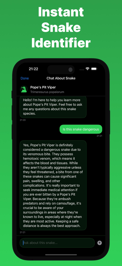 Snake Identifier - Snapey - Snapey app chat interface showing identification and safety information for a venomous snake