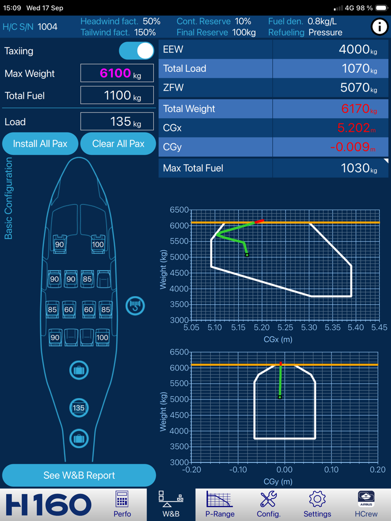 H160 Flight Perfo - H160 helicopter weight and balance performance screen with seating layout and center of gravity graphs.