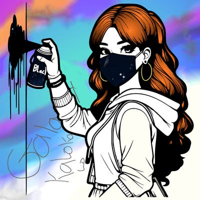 realistic girl with mask spray painting a wall