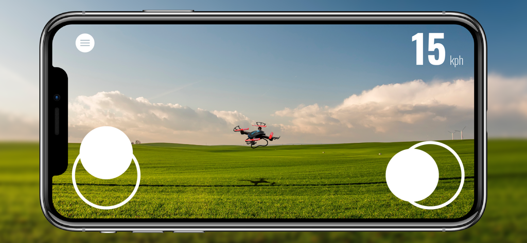 A virtual drone flying over a green landscape in the Drone XR augmented reality flight simulator app.