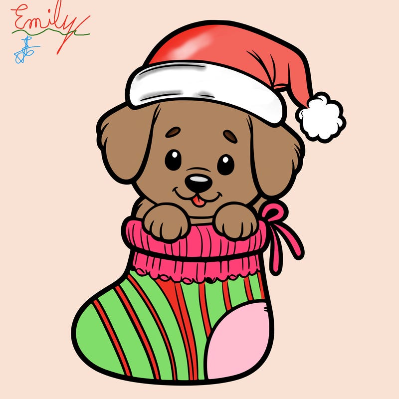 cute puppy wearing santa hat in socking