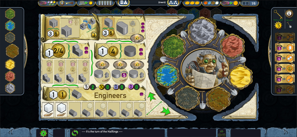 Digital interface of the Engineers faction board in Terra Mystica showing resources and terraforming cycle