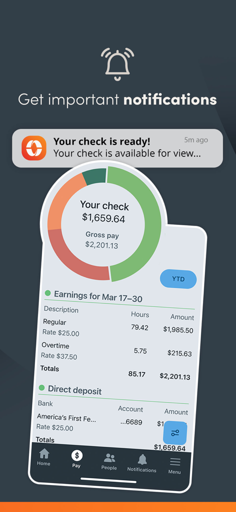 Interfaccia dell'app Paylocity che mostra una notifica di busta paga e un riepilogo dettagliato dei guadagni