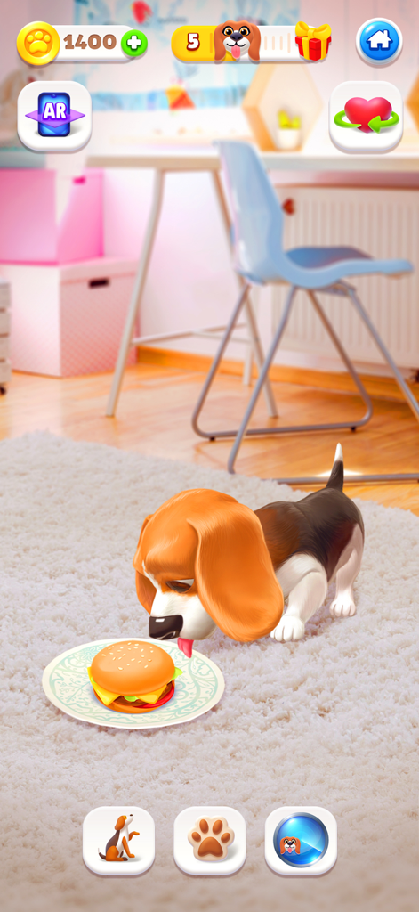 A virtual beagle puppy eating a hamburger in augmented reality mode inside a house