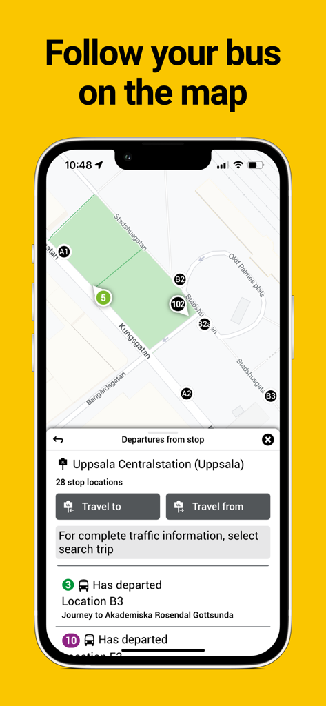 UL-App-Oberfläche mit einer Echtzeit-Busverfolgungskarte und Abfahrten von Uppsala Centralstation.