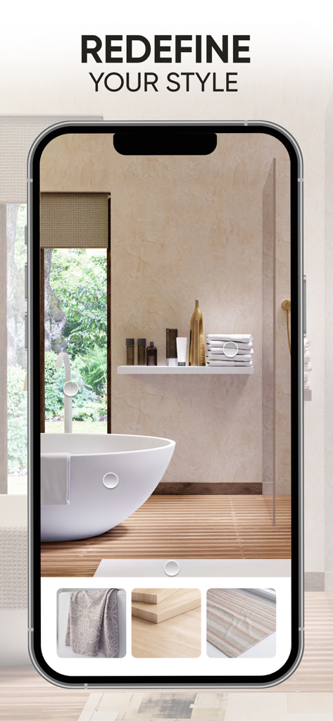 Redecor - Home Design Game - Una pantalla de teléfono inteligente que muestra la interfaz de la aplicación Redecor con un interior de baño fotorrealista y opciones de selección de materiales