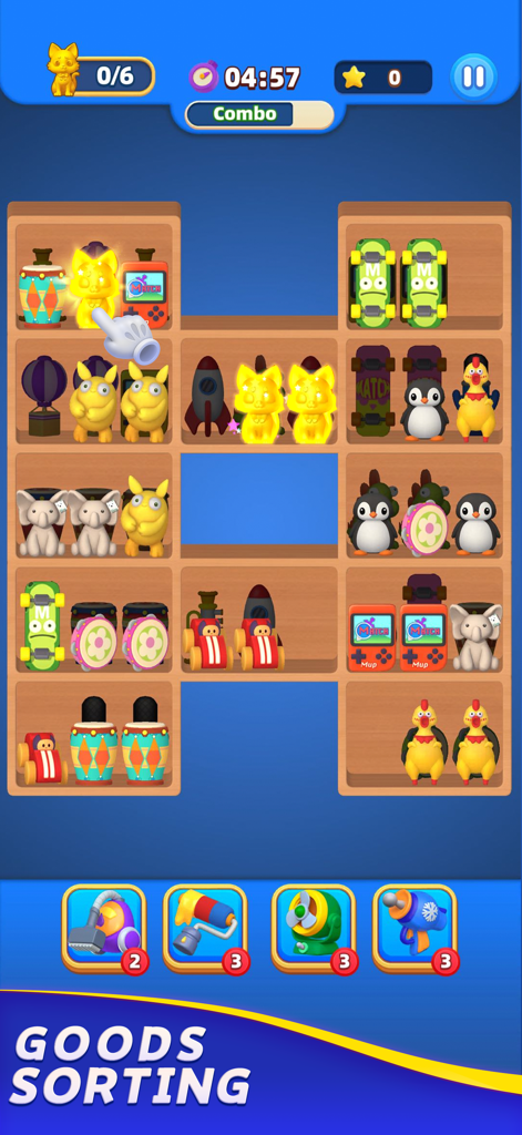 Triple Goods- Match 3D Game - A gameplay scene from Triple Goods showing various 3D toys being sorted and matched on wooden shelves