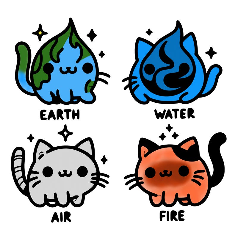 4 cats that represent the different elements, earth, water, air, and fire