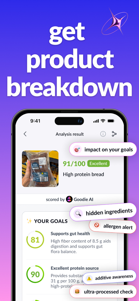 Goodie AI: Food Scanner - Goodie AI app displaying a product breakdown with health scores for gut health and protein content.