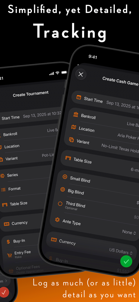 Nash Bankroll - Nash Bankrollアプリの詳細なポーカーセッション追跡インターフェース。トーナメントとキャッシュゲームの作成が表示されています