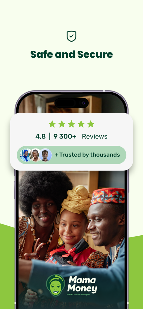 Mama Money - Send Money Home - Mama Money app screen showing 4.8 star rating and trusted by thousands message with the text Safe and Secure