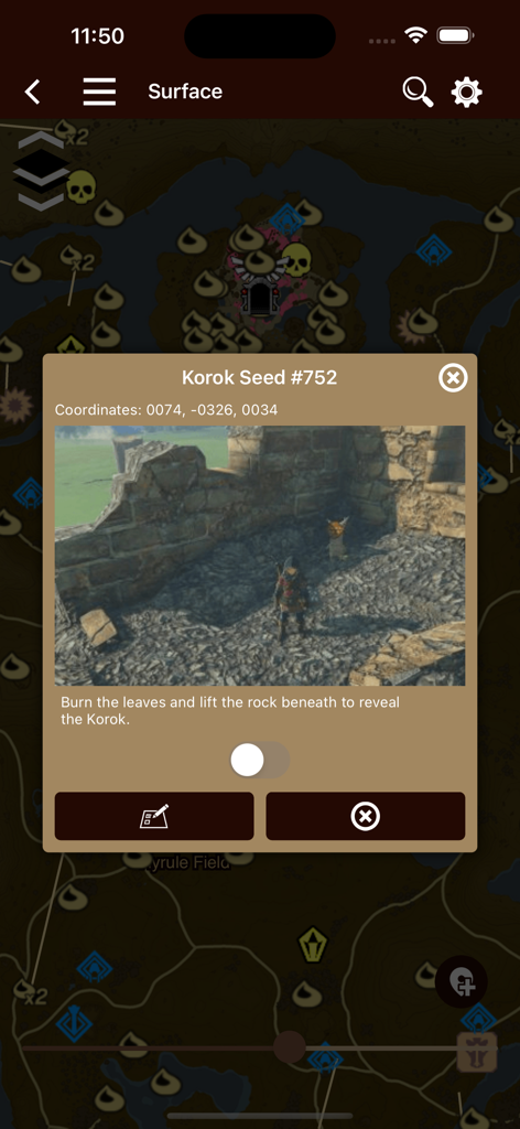 Tears Companion - Tears Companion app showing Korok seed coordinates and discovery instructions on a map