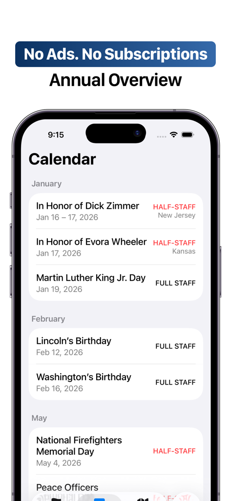 Half-Staff Flag Alerts - A mobile app interface showing a calendar with official flag status alerts for federal and state holidays including half-staff and full-staff designations