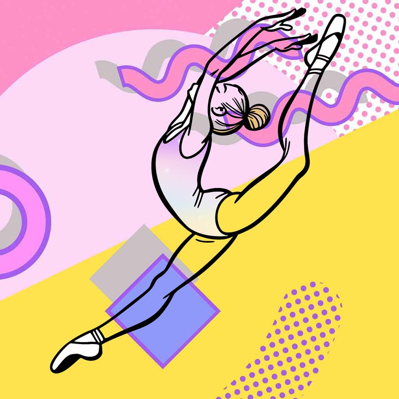 gymnast doing a leap in a leotard with a bent back leg