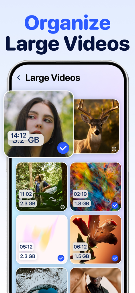 Clean Up Now: AI Cleaner - Interface of Clean Up Now app showing large video files with their storage sizes for easy cleanup