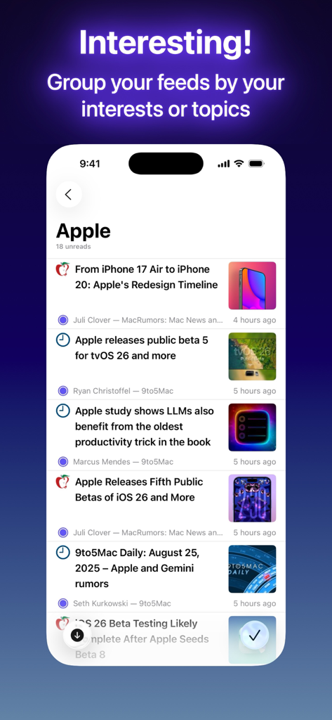 Elytra - Elytra RSS reader showing news articles grouped by interests or topics
