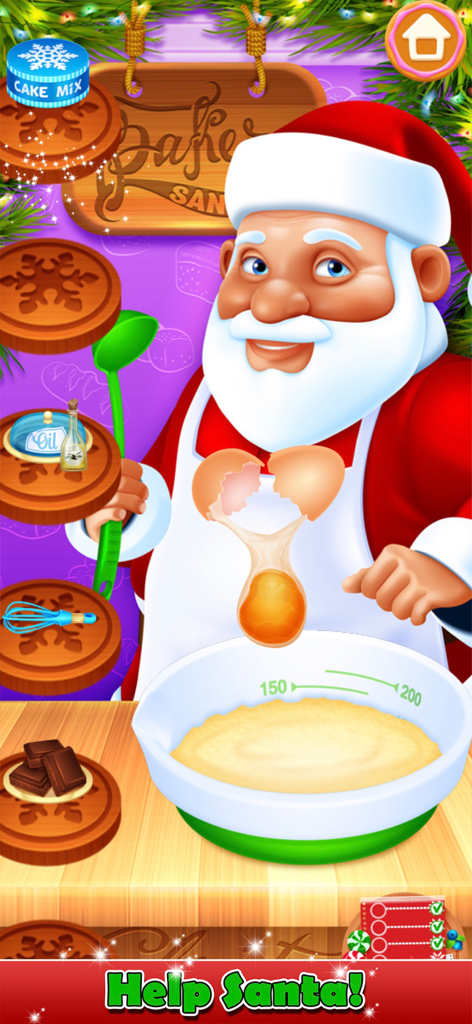 Santa Claus cracking an egg into a mixing bowl to make a Christmas cake in a mobile game.