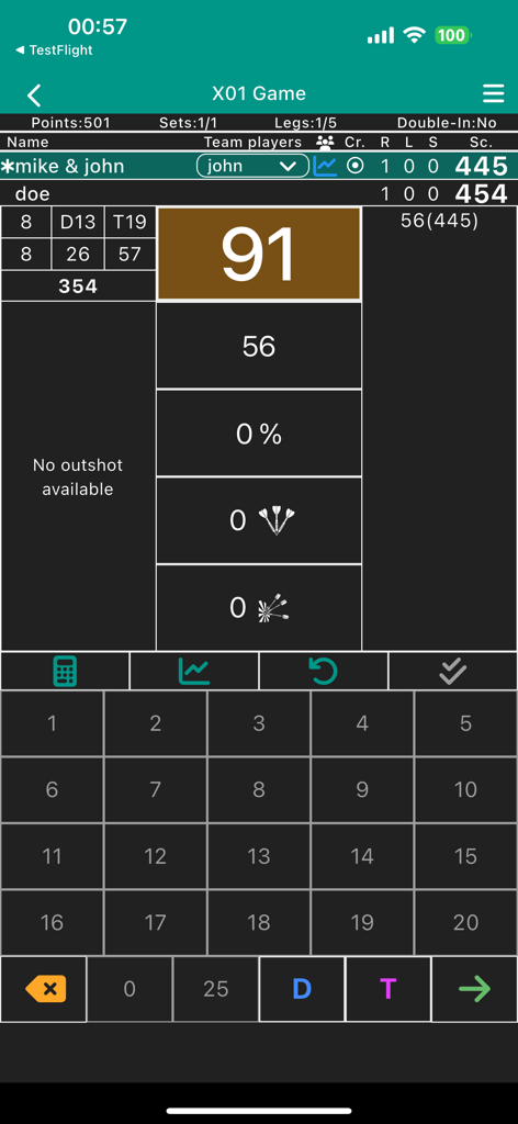 Darts Scoreboard App - Segnapunti digitale per una partita di freccette X01 con inserimento punteggi e statistiche giocatori