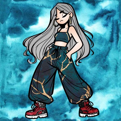 girl in baggy pants crop top and long hair