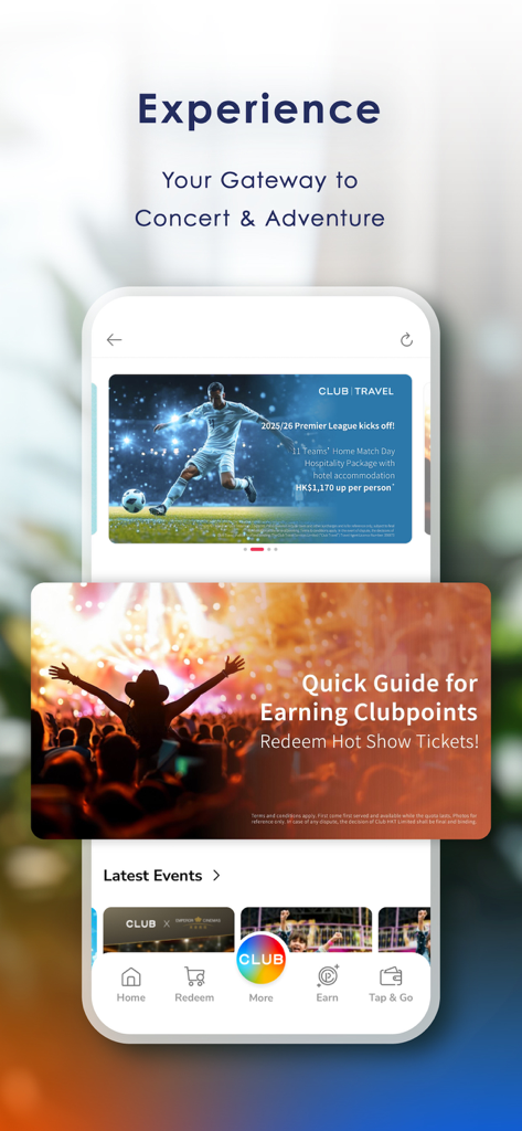 The Club - The Club mobile app interface displaying reward options for concerts and sporting events