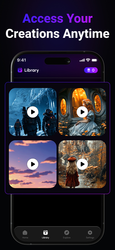 AI Video Generator & AI Maker - Interface of AI Video Generator app showing a library of saved video creations