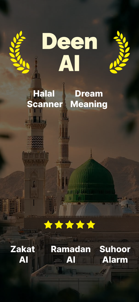 Deen AI mobile app screen showing features like Halal Scanner, Zakat AI, and Ramadan tools over a mosque background.
