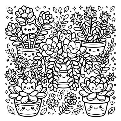 Dive into the adorable world of Kawaii Sedum succulents with this charming coloring page! Featuring plants with sweet smiling faces in cute pots, it's a perfect blend of natural beauty and Japanese-inspired cuteness.