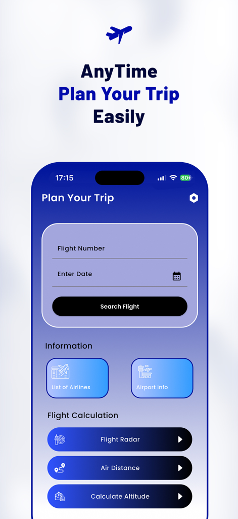 Flight Tracker - Radar - Interfaccia principale dell'app Flight Tracker per la pianificazione dei viaggi e l'accesso al radar dei voli.