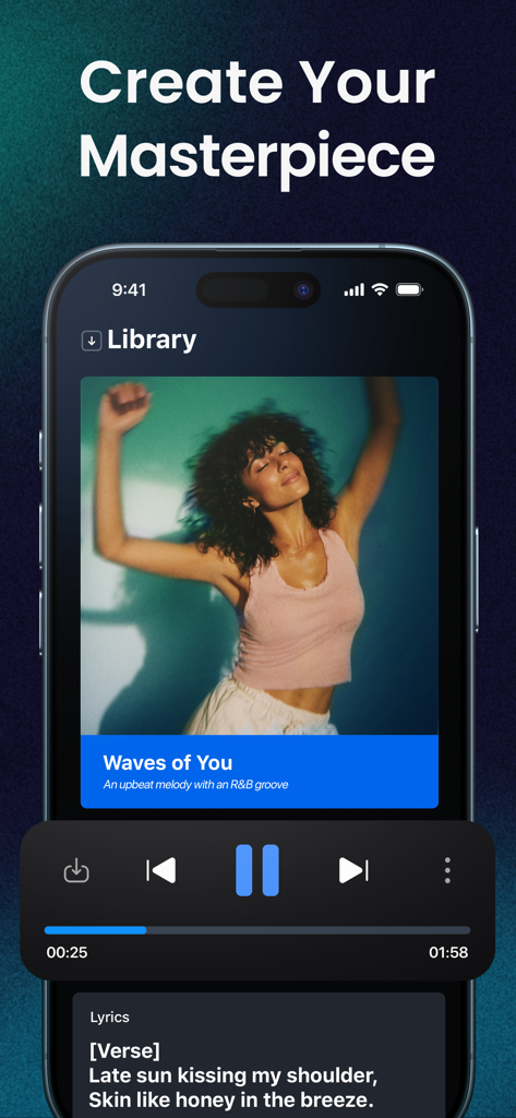 Shoom・AI Music, Song Generator - A music player screen in the Shoom AI app displaying song lyrics and playback controls