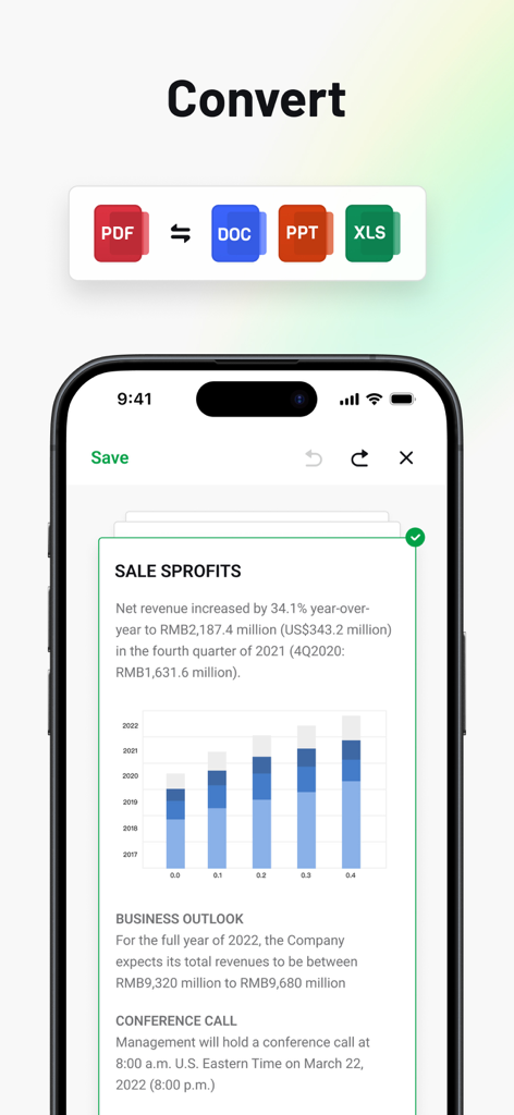 Word、PowerPoint、Excel形式に財務PDFドキュメントを変換するPDF AIアプリのモバイルインターフェースを表示