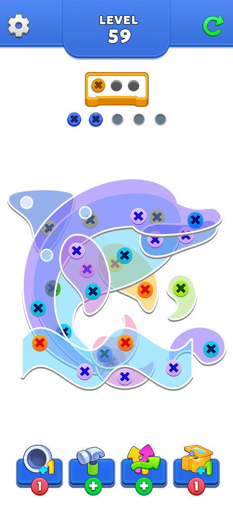 A level in Unscrew Puzzle Pin Jam featuring a dolphin made of colored glass and mechanical screws.