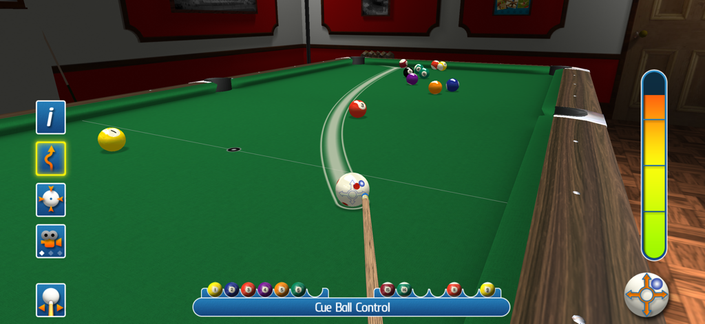 A 3D simulation of a pool game in Pro Pool 2026 showing the cue ball control interface and a curved swerve shot trajectory on a green table.