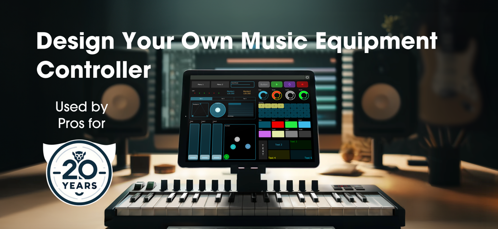 Lemur app on an iPad displaying a custom music equipment controller interface in a professional studio setting