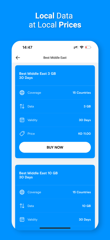USim app interface showing Middle East regional eSIM data plan details and pricing