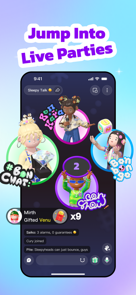 Une capture d'écran de l'application Bondee montrant des avatars 3D dans une fête en direct avec une interface de chat de groupe