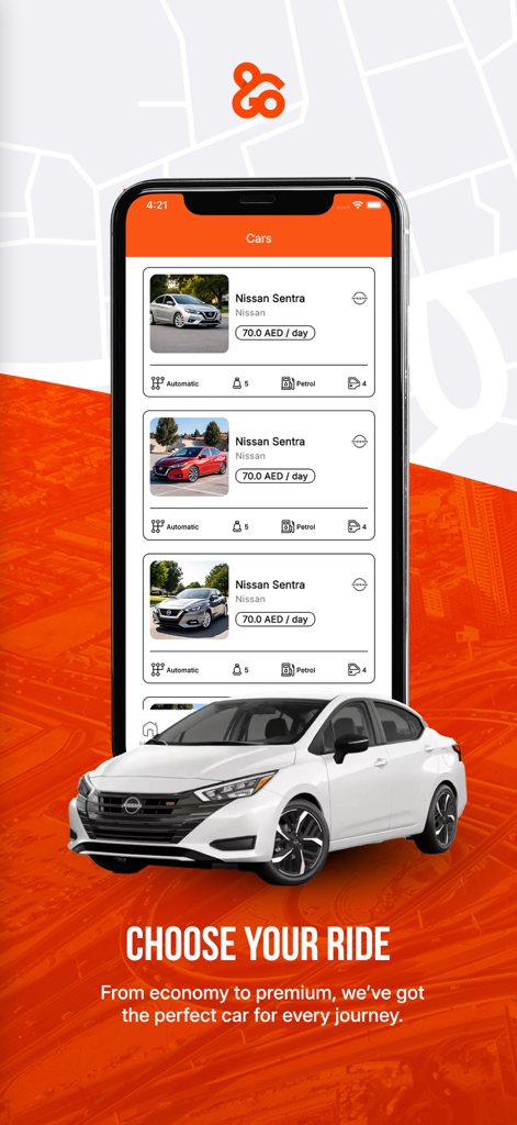 Rent and Go: Car Rentals - Rent and Go mobile app car selection screen showing a list of rental cars and a white Nissan Sentra.