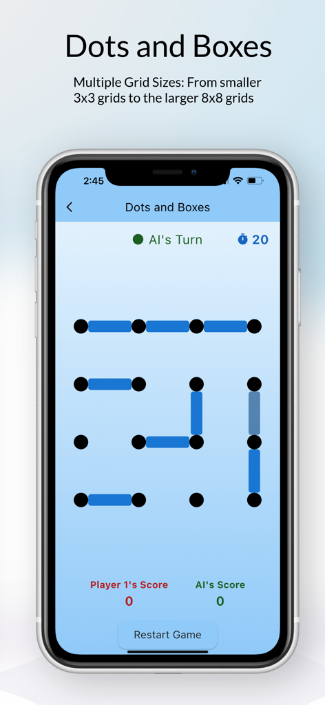 Dots and Boxes - Friends or AI - Pantalla de juego de la aplicación Dots and Boxes que muestra un juego de estrategia en cuadrícula contra un oponente de IA.