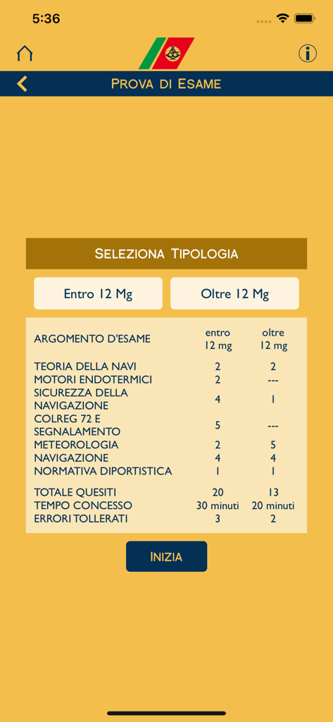 Il Sestante - Selection screen for Italian boat license exam simulation within the Il Sestante app.