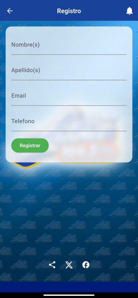 Registration screen for the Radio Latina app showing fields for name email and phone number