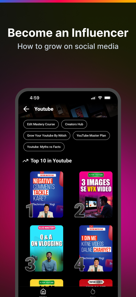 Seekho app interface showing short learning videos on social media growth and YouTube mastery.