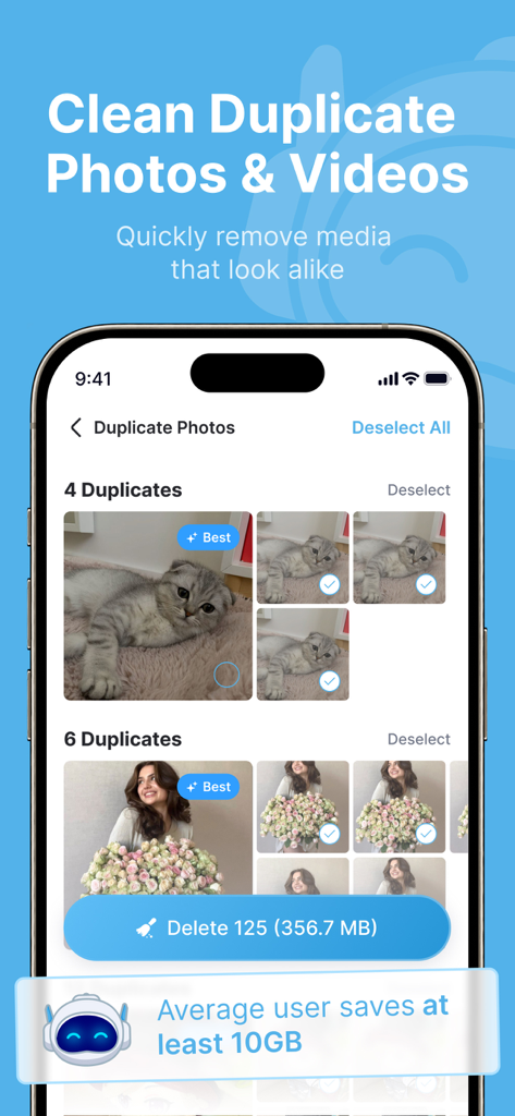 CleanerApp - ai clean storage - CleanerApp interface showing AI selection of duplicate photos for deletion to free up phone storage